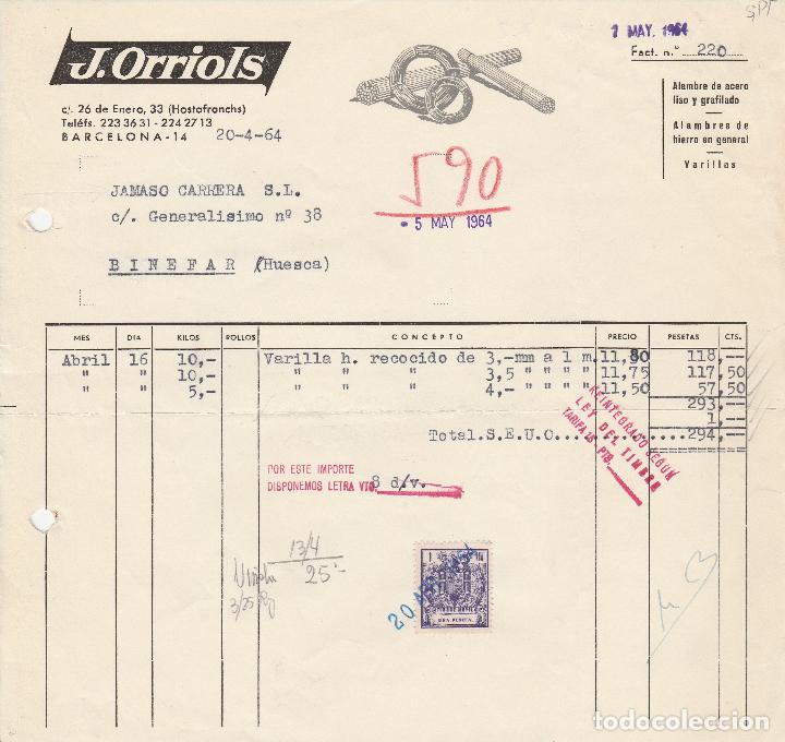 Factures anciennes: FACTURA. J.ORRIOLS. BARCELONA. 1964.