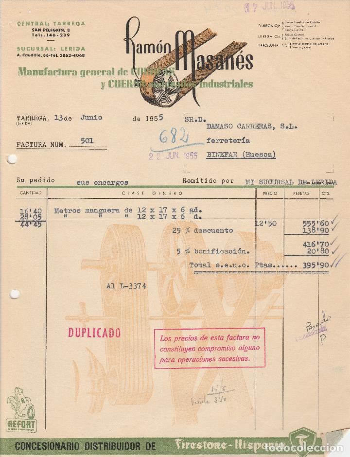 Factures anciennes: FACTURA. RAM&Oacute;N MASAN&Eacute;S. MANUFACTURAS GENERAL DE CORREAS Y CUEROS. TARREGA. 1955.