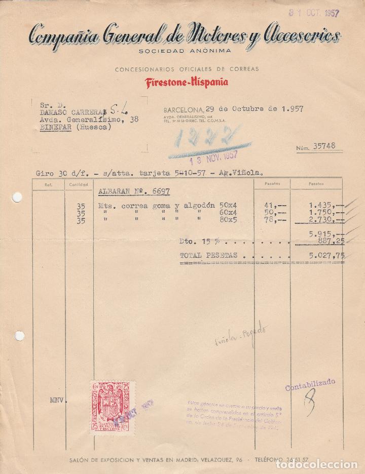 Factures anciennes: FACTURA. COMPA&Ntilde;IA GENERAL DE MOTORES Y ACCESORIOS, SOCIEDAD AN&Oacute;NIMA. BARCELONA. 1957.