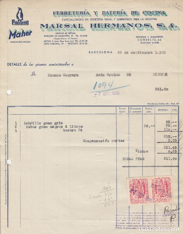 Factures anciennes: FACTURA. MARSAL HERMANOS, S.A. BARCELONA. 1955.