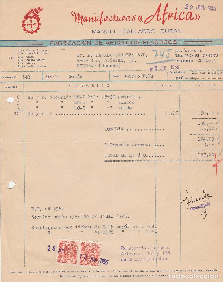 Factures anciennes: FACTURA. MANUFACTURAS AFRICA. MANUEL GALLARDO DURAN. MADRID. 1955.