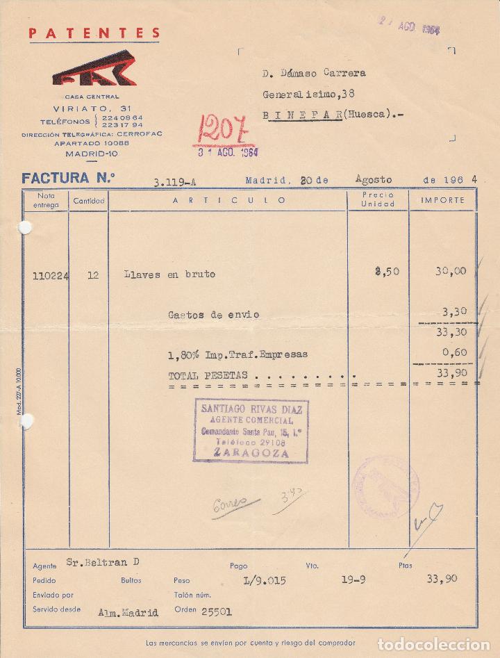 Factures anciennes: FACTURA. PATENTES FAC. LLAVES FAC. MADRID. 1964.