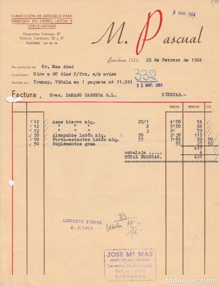 Factures anciennes: FACTURA. M.PASCUAL. FABRICACI&Oacute;N DE ART&Iacute;CULOS PARA FERRETERIA. BARCELONA. 1964.