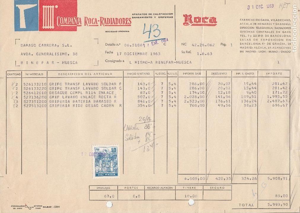 Factures anciennes: FACTURA. COMPA&Ntilde;IA ROCA-RADIADORES. BARCELONA. 1963.