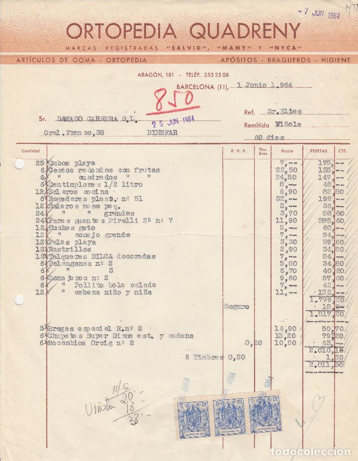 Factures anciennes: FACTURA. ORTOPEDIA QUADRENY. BARCELONA. 1964.