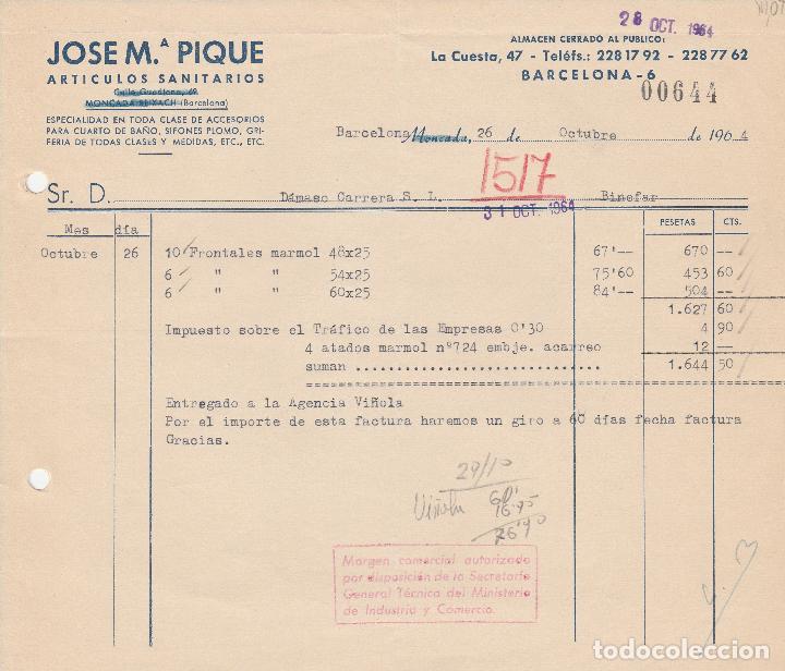 Factures anciennes: FACTURA. JOSE M&ordf; PIQUE. ART&Iacute;CULOS SANITARIOS. BARCELONA. 1964.