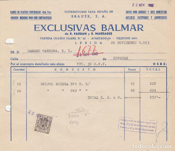 Alte Rechnungen: FACTURA. EXCLUSIVAS BALMAR. DE R. FARRAN Y E. MARRADES. L&Eacute;RIDA. 1963.
