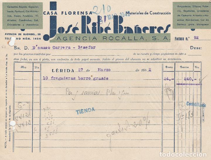 Alte Rechnungen: FACTURA. JOS&Eacute; RIB&Eacute; BA&Ntilde;ERES. AGENCIA ROCALLA S.A. MATERIALES DE CONSTRUCCI&Oacute;N. L&Eacute;RIDA. 1942.
