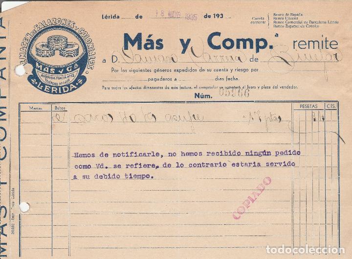 Alte Rechnungen: FACTURA. M&Aacute;S Y COMP.  ALMAC&Eacute;N DE SALAZONES Y COLONIALES. L&Eacute;RIDA. 1935.