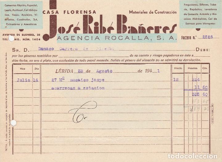 Alte Rechnungen: FACTURA. JOS&Eacute; RIB&Eacute; BA&Ntilde;ERES. AGENCIA ROCALLA S.A. MATERIALES DE CONSTRUCCI&Oacute;N. L&Eacute;RIDA. 1941.