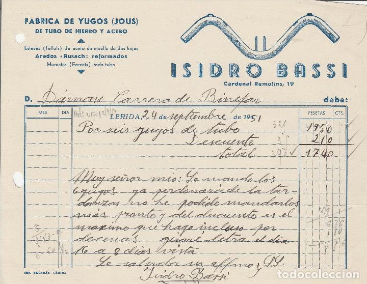 Alte Rechnungen: FACTURA. ISIDRO BASSI. HERRERIA YUGOS DE TUBO DE HIERRO Y ACERO. LERIDA. 1951.