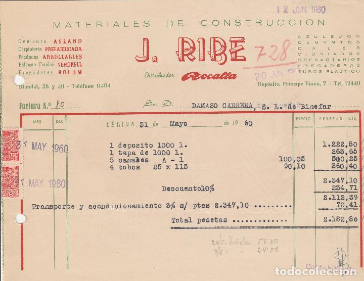 Alte Rechnungen: FACTURA. J. RIBE. MATERIALES DE CONSTRUCCI&Oacute;N. L&Eacute;RIDA. 1960