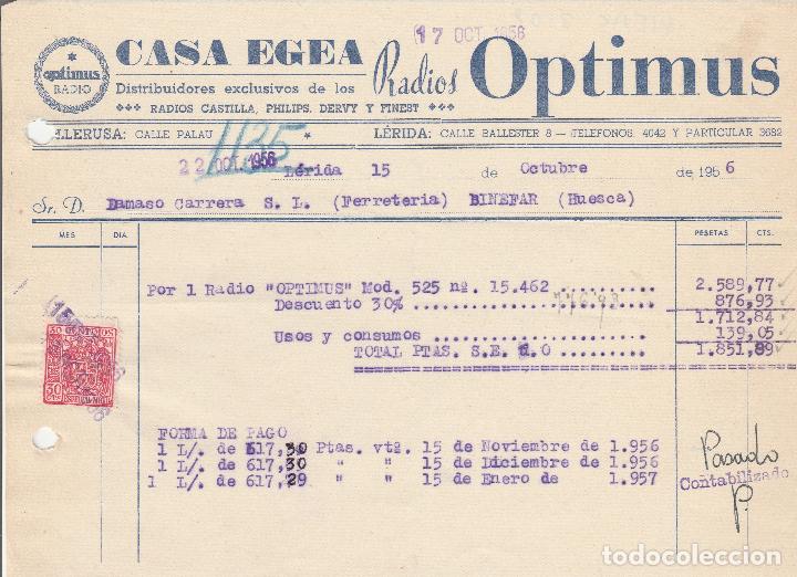 Alte Rechnungen: FACTURA. CASA EGEA. RADIOS OPTIMUS. L&Eacute;RIDA. 1956.