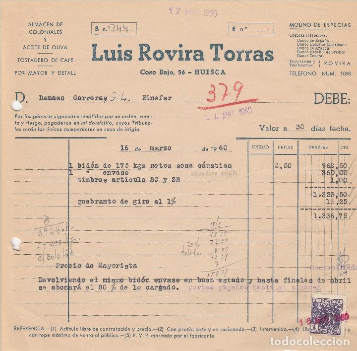 Alte Rechnungen: FACTURA. LUIS ROVIRA TORRAS. ALMAC&Eacute;N DE COLONIALES Y ACEITE DE OLIVA. HUESCA. 1960