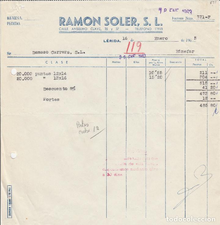 Alte Rechnungen: FACTURA. RAM&Oacute;N SOLER, S.L. L&Eacute;RIDA. 1963.