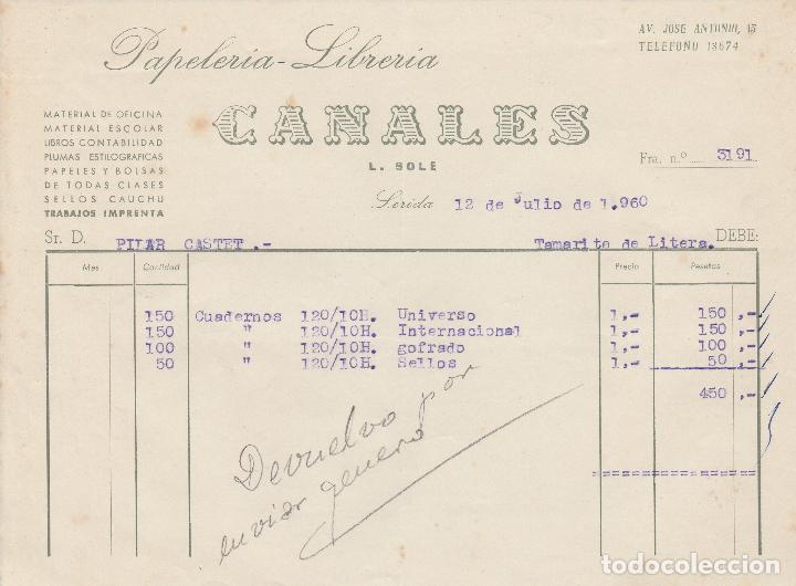 Alte Rechnungen: FACTURA. PAPELER&Iacute;A LIBRER&Iacute;A CANALES. L&Eacute;RIDA. 1960.