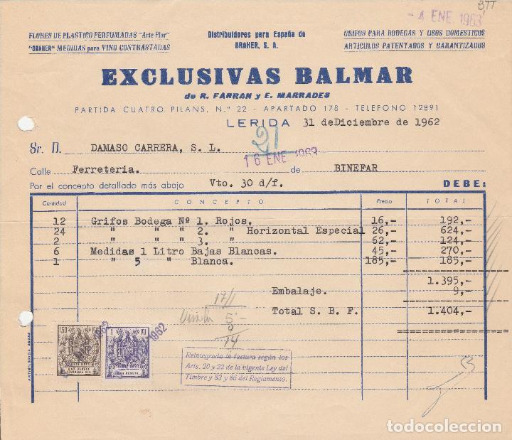 Alte Rechnungen: FACTURA. EXCLUSIVAS BALMAR. DE R. FARRAN Y E. MARRADES. L&Eacute;RIDA. 1962.