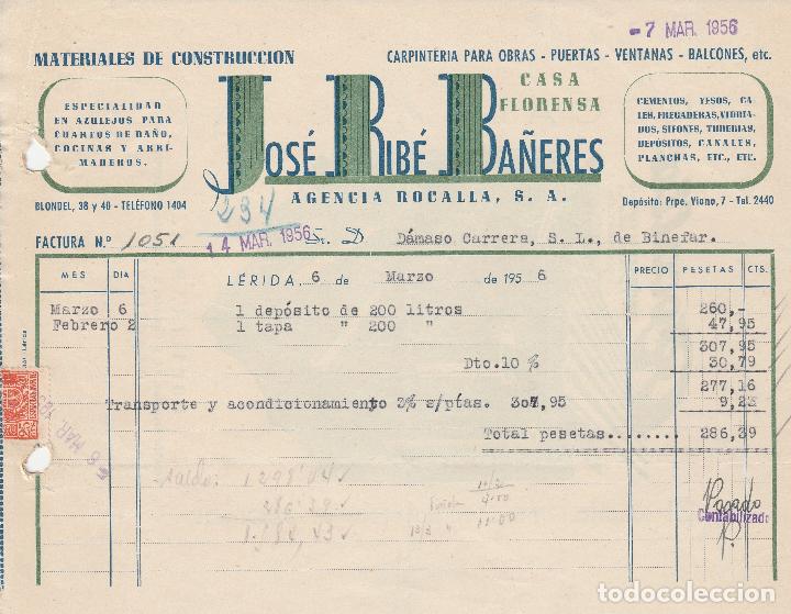Alte Rechnungen: FACTURA. JOS&Eacute; RIB&Eacute; BA&Ntilde;ERES. AGENCIA ROCALLA S.A. MATERIALES DE CONSTRUCCI&Oacute;N. L&Eacute;RIDA. 1956.