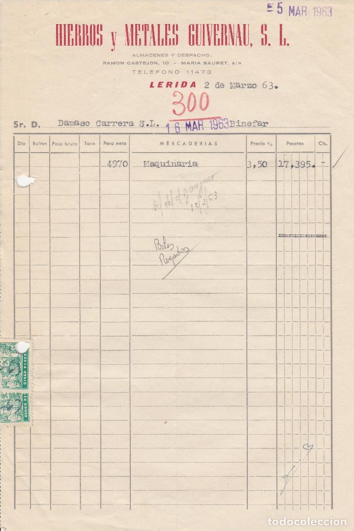 Alte Rechnungen: FACTURA. HIERROS Y METALES GUIVERNAU. S.L. L&Eacute;RIDA. 1963.