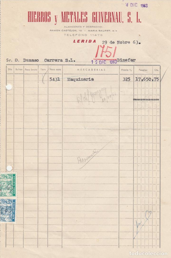 Alte Rechnungen: FACTURA. HIERROS Y METALES GUIVERNAU. S.L. L&Eacute;RIDA. 1963.