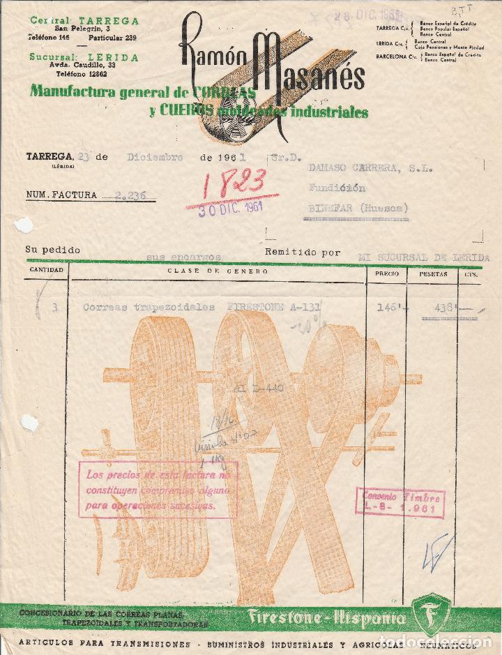 Alte Rechnungen: FACTURA. RAM&Oacute;N MASAN&Eacute;S. MANUFACTURAS GENERAL DE CORREAS Y CUEROS. TARREGA. 1961.