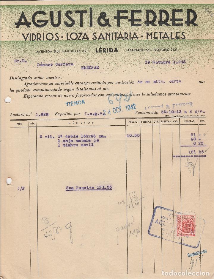 Alte Rechnungen: FACTURA. AGUSTI & FERRER. VIDRIO - LOZA SANITARIA - METALES. L&Eacute;RIDA. 1942.