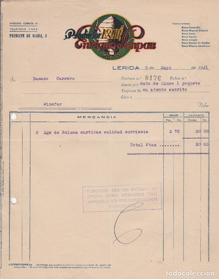 Alte Rechnungen: FACTURA. PRODUCTOS BONAB&Eacute;. ENRIQUE SENPAU.  L&Eacute;RIDA. 1941.