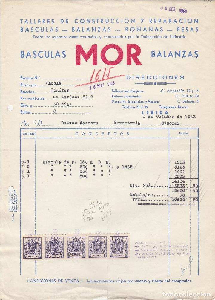 Alte Rechnungen: FACTURA. BASCULAS MOR BALANZAS. ROMANAS-PESAS-B&Aacute;SCULAS-BALANZAS. L&Eacute;RIDA. 1963.