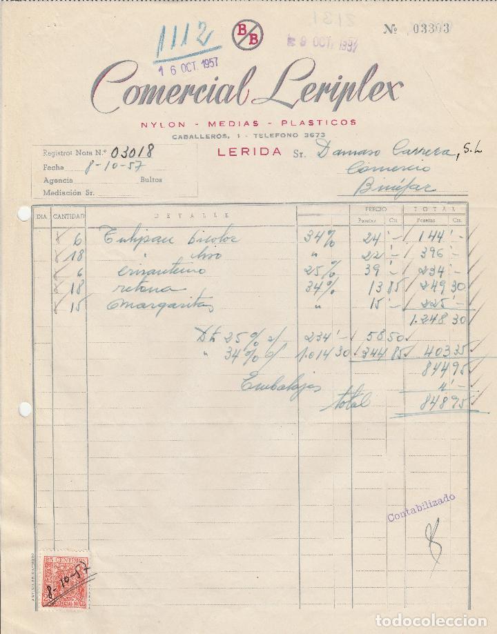 Alte Rechnungen: FACTURA. COMERCIAL LERIPLEX.  NYL&Oacute;N - MEDIAS - PL&Aacute;STICOS. L&Eacute;RIDA. 1957.