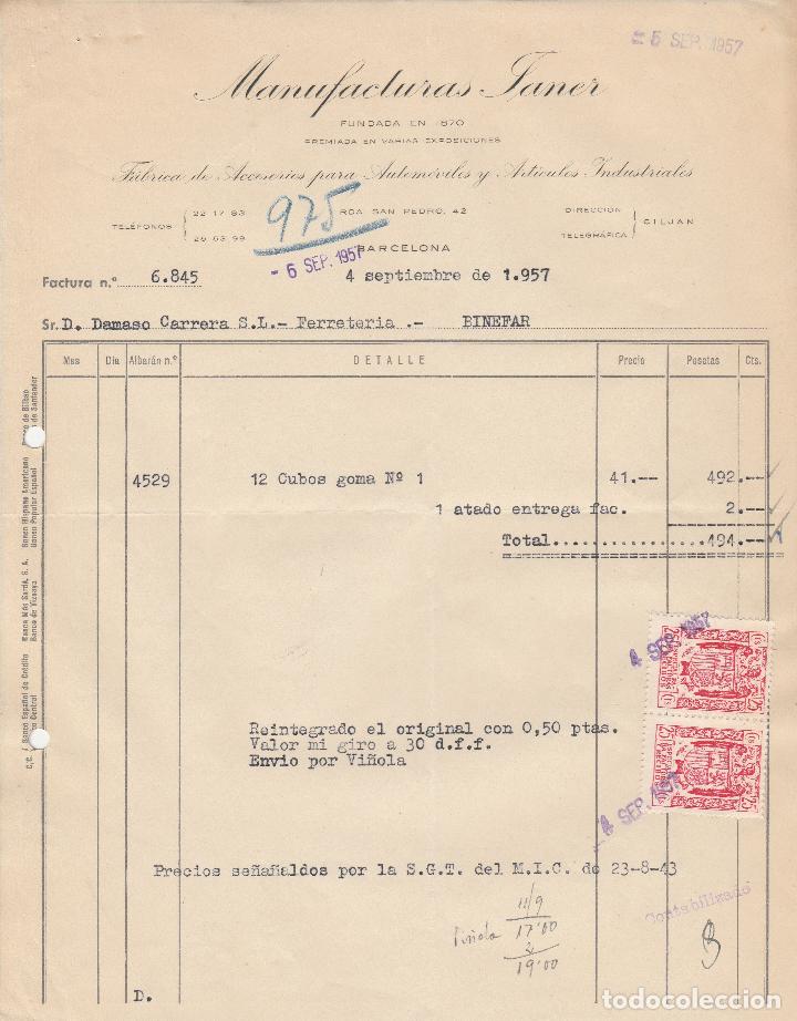 Alte Rechnungen: FACTURA. MANUFACTURAS TANER. BARCELONA. 1957.