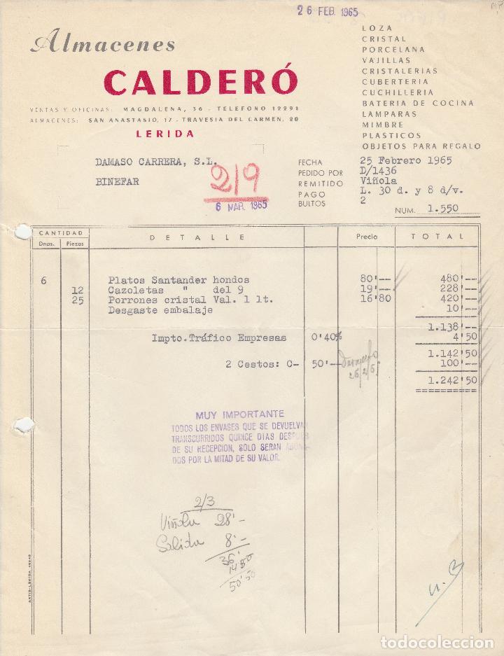 Alte Rechnungen: FACTURA. ALMACENES CALDERO. LOZA,CRISTAL,PORCELANA. L&Eacute;RIDA. 1965.