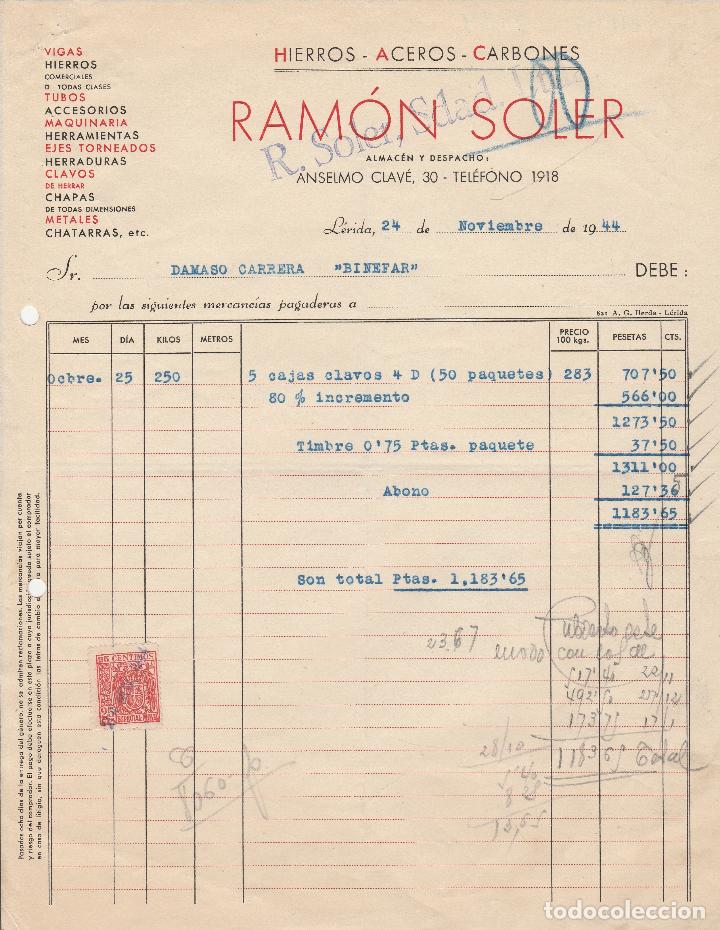 Alte Rechnungen: FACTURA. RAM&Oacute;N SOLER, S.L. L&Eacute;RIDA. 1944.