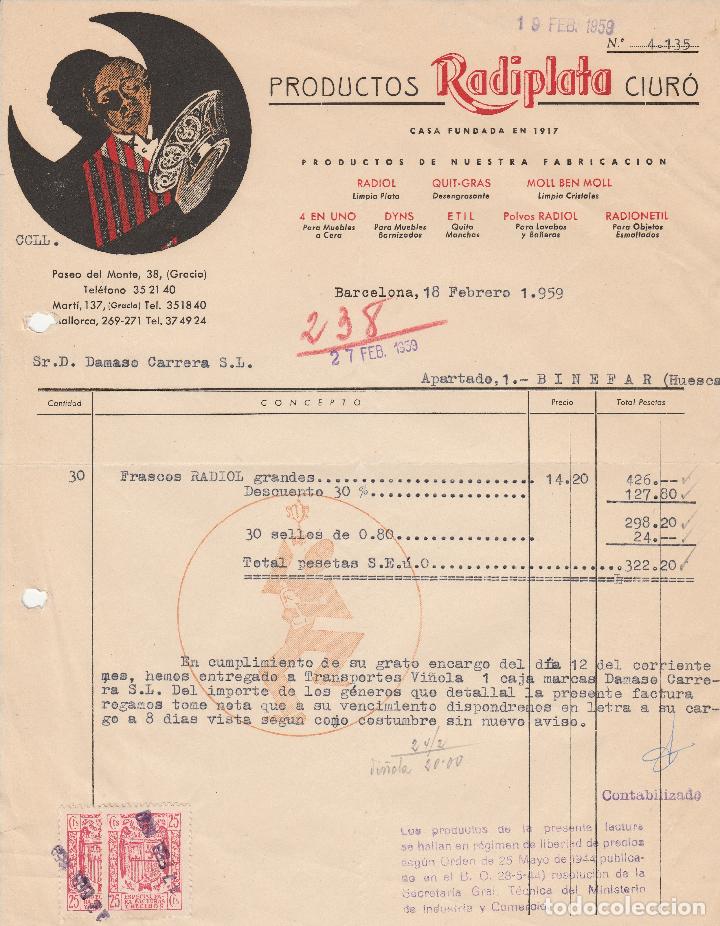 Alte Rechnungen: FACTURA. PRODUCTOS RADIPLATA CIUR&Oacute;.  BARCELONA. 1959.