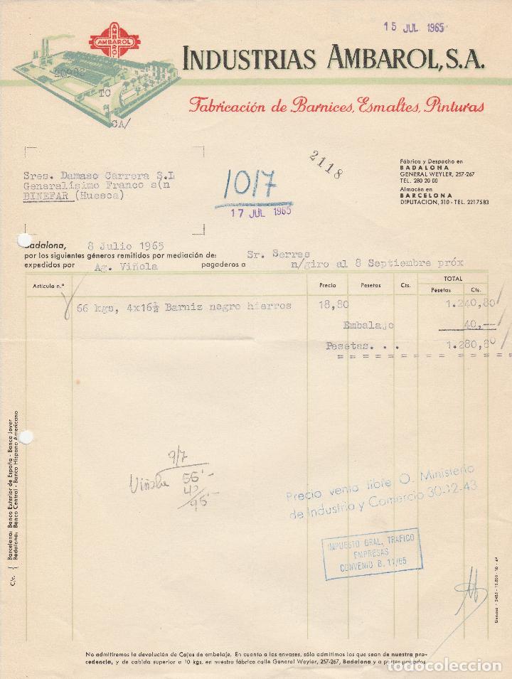 Alte Rechnungen: FACTURA. INDUSTRIAS AMBAROL, S.A. FABRICACI&Oacute;N DE BARNICES,ESMALTES,PINTURAS. BADALONA. 1965.