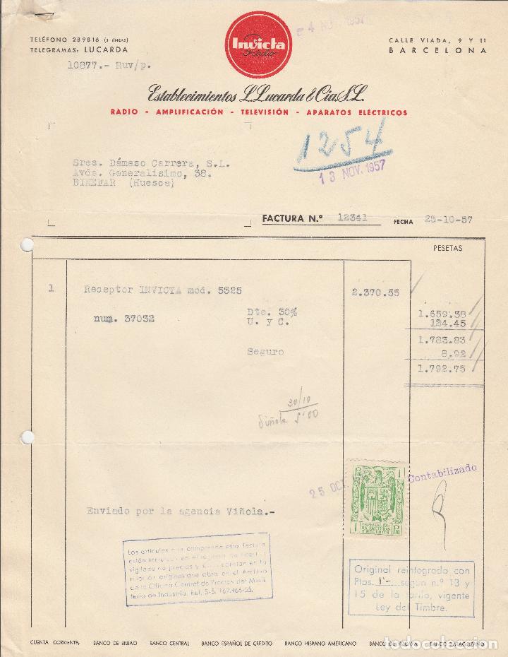 Alte Rechnungen: FACTURA. ESTABLECIMIENTOS L. LUCARDA Y CIA. S.L. RADIO-AMPLIFICACI&Oacute;N-TELEVISI&Oacute;N. BARCELONA. 1957.