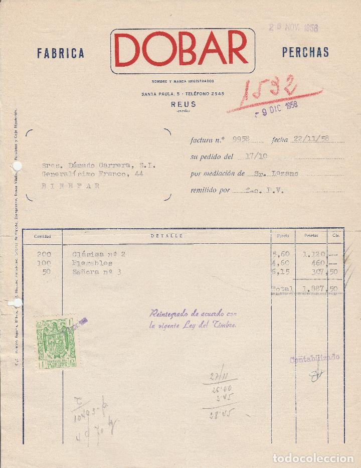 Alte Rechnungen: FACTURA. F&Aacute;BRICA DOBAR PERCHAS. REUS . 1958.