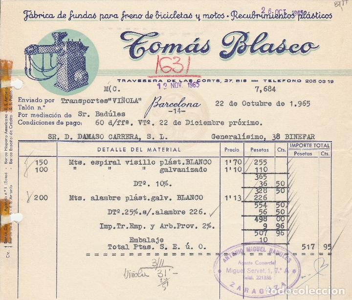 Facturas antiguas: FACTURA. TOM&Aacute;S BLASCO. F&Aacute;BRICA DE FUNDAS PARA FRENO DE BICICLETAS. BARCELONA. 1965.