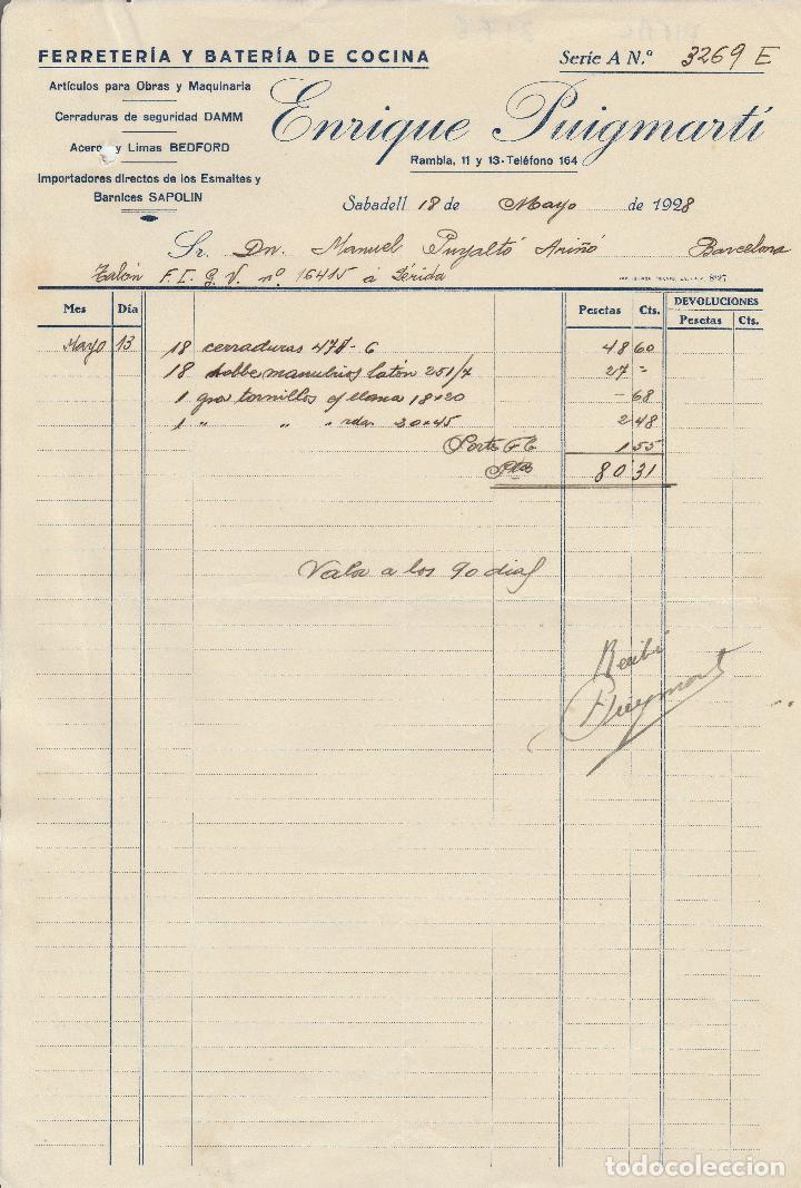 Alte Rechnungen: FACTURA. ENRIQUE PUIGMARTI. FERRETER&Iacute;A Y BATER&Iacute;A DE COCINA. SABADELL. 1928.