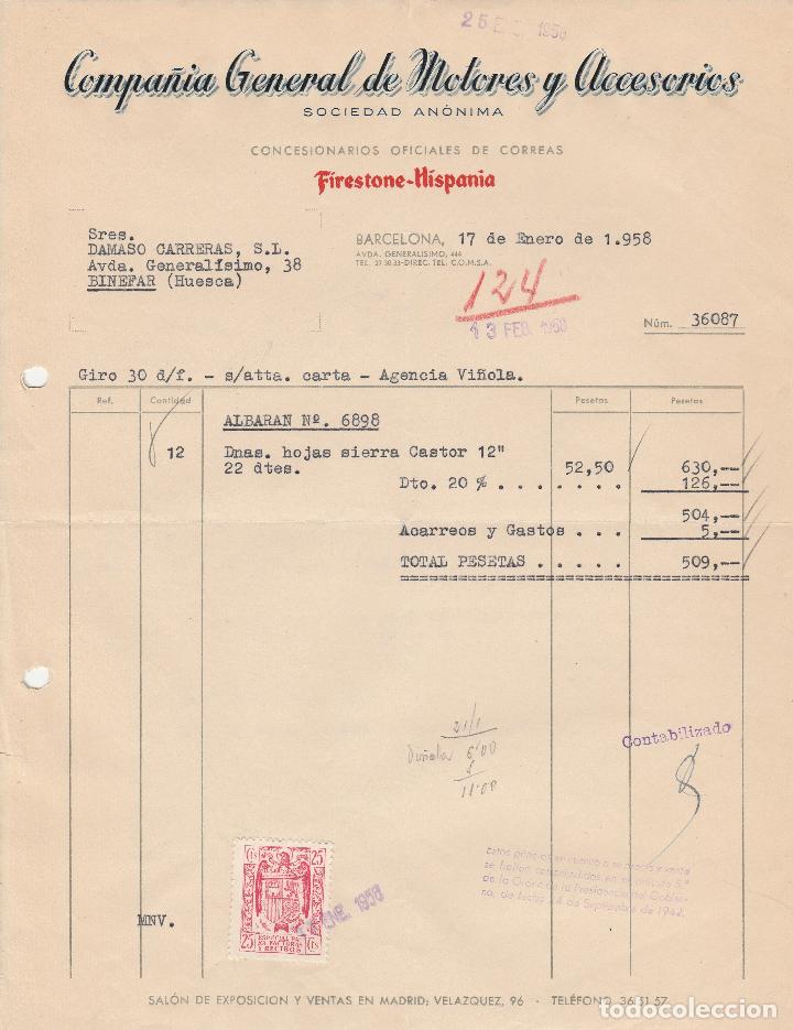 Alte Rechnungen: FACTURA. COMPA&Ntilde;&Iacute;A GENERAL DE MOTORES Y ACCESORIOS. FIRESTONE-HISPANIA. BARCELONA. 1958.