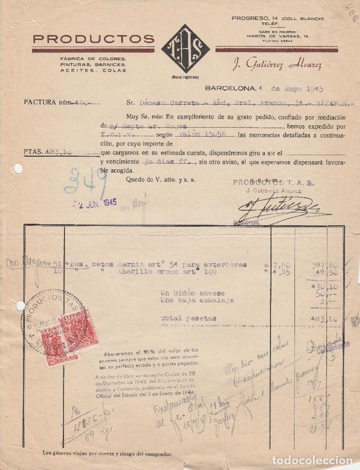 Alte Rechnungen: FACTURA. PRODUCTOS T.A.S.   J.GUTIERREZ ALVAREZ. BARCELONA. 1945.