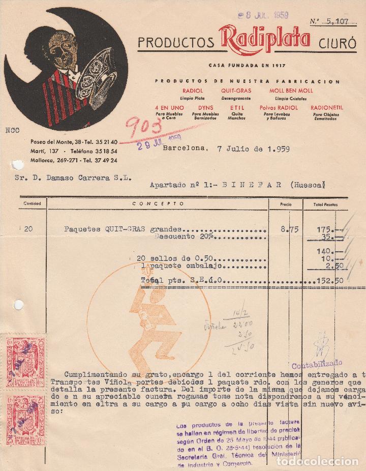 Alte Rechnungen: FACTURA. PRODUCTOS RADIPLATA CIUR&Oacute;.  BARCELONA. 1959.