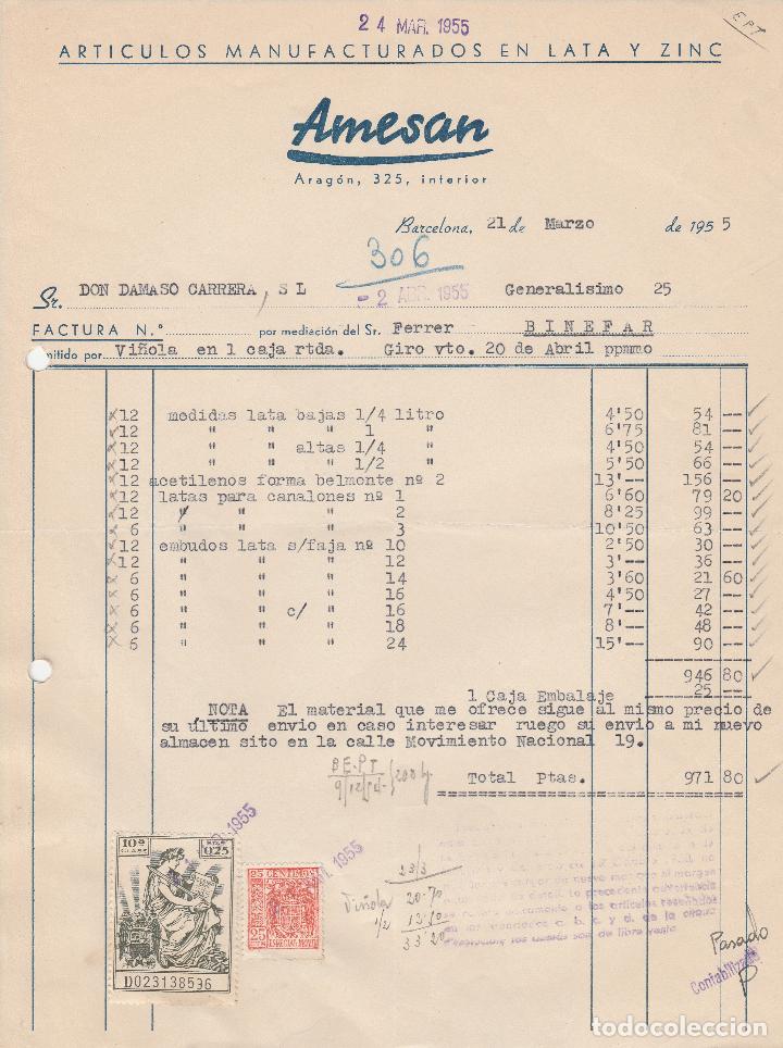 Alte Rechnungen: FACTURA. ARTICULOS MANUFACTURADOS EN LATA Y ZINC. AMESAN. BARCELONA. 1955.