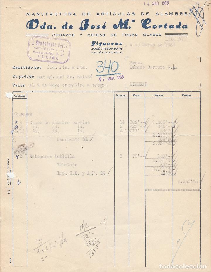 Alte Rechnungen: FACTURA. VDA. DE JOS&Eacute; M&ordf;. CORTADA. MANUFACTURA DE ART&Iacute;CULOS DE ALAMBRE. FIGUERAS. 1965.
