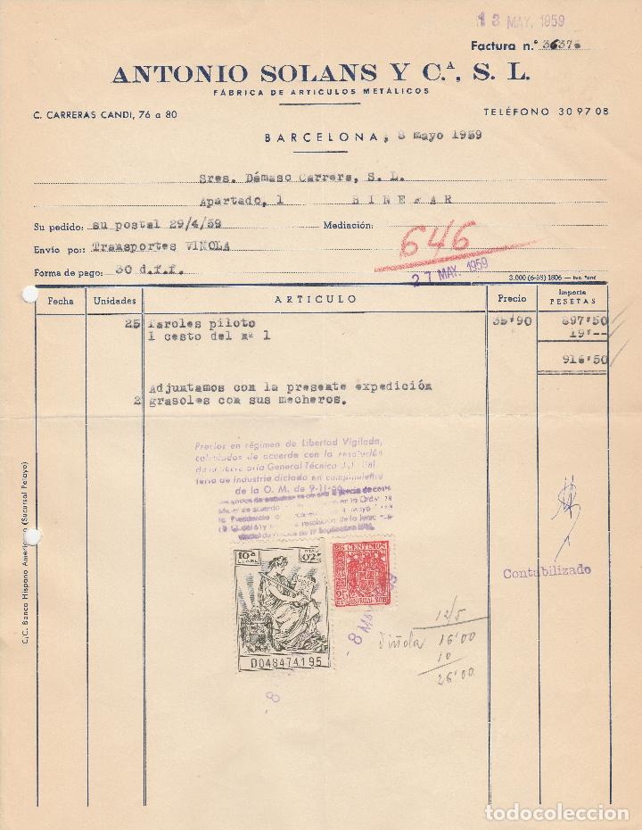 Alte Rechnungen: FACTURA. ANTONIO SOLANS Y C.&ordf;, S.L.  BARCELONA. 1959.