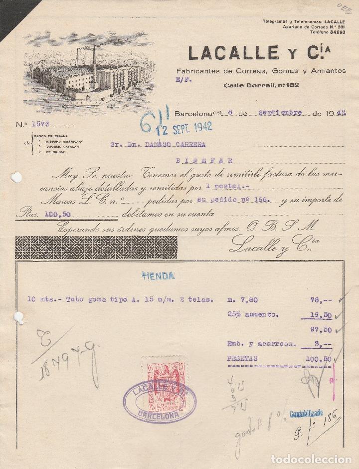 Alte Rechnungen: FACTURA. LACALLE Y CIA. FABRICANTES DE CORREAS, GOMAS Y AMIANTOS. BARCELONA. 1942.