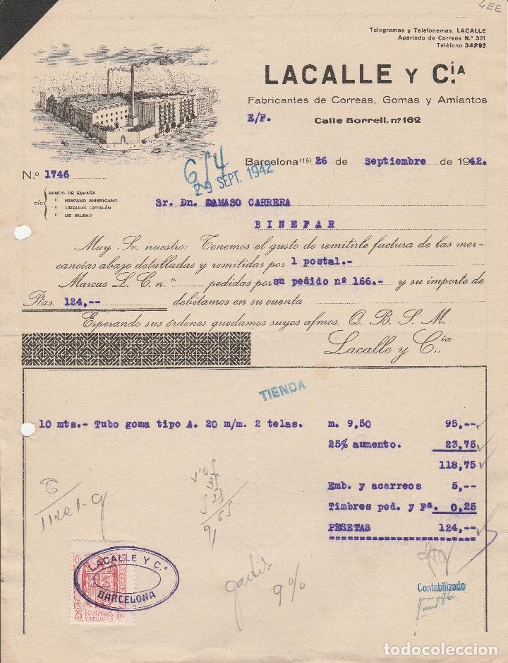 Alte Rechnungen: FACTURA. LACALLE Y CIA. FABRICANTES DE CORREAS, GOMAS Y AMIANTOS. BARCELONA. 1942.