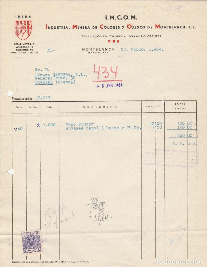 Alte Rechnungen: FACTURA. INDUSTRIAL MINERA DE COLORES Y OXIDOS DE MONTBLANCH. S.L. I.M.C.O.M. MONTBLANCH. 1964.