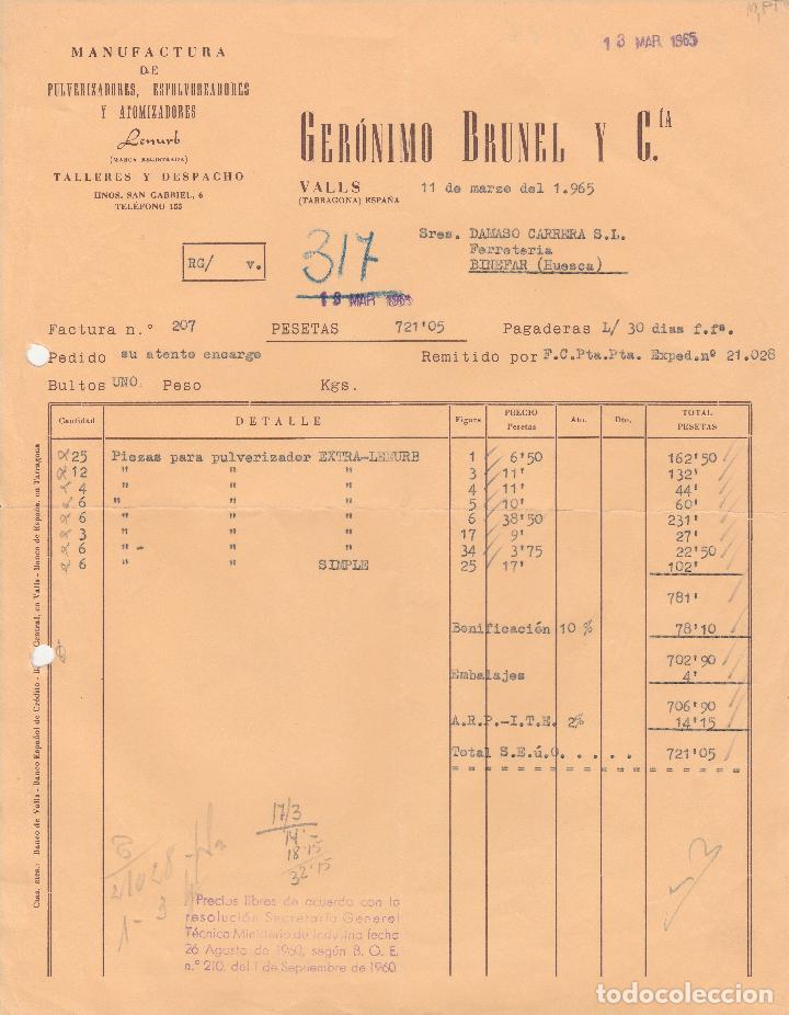 Alte Rechnungen: FACTURA. GER&Oacute;NIMO BRUNEL Y CIA.  MANUFACTURAS DE PULVERIZACIONES . VALLS-TARRAGONA. 1965.