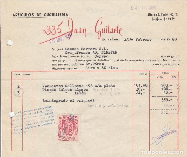 Alte Rechnungen: FACTURA. JUAN GUITARTE. ARTICULOS DE CUCHILLERIA. BARCELONA. 1960.