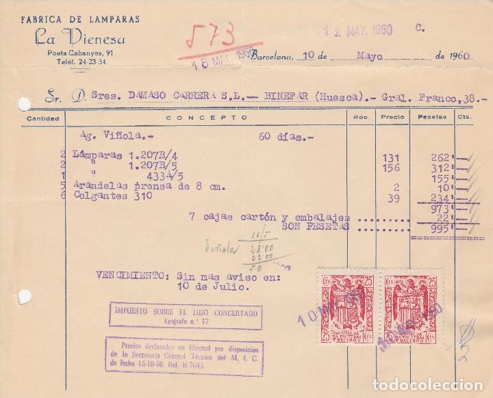 Alte Rechnungen: FACTURA. FABRICA DE LAMPARAS LA DIENESA. BARCELONA. 1960.